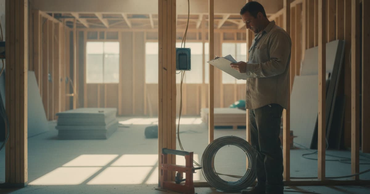 A candid documentary photograph of an electrical contractor in a dusty commercial rough-in site reviewing paperwork