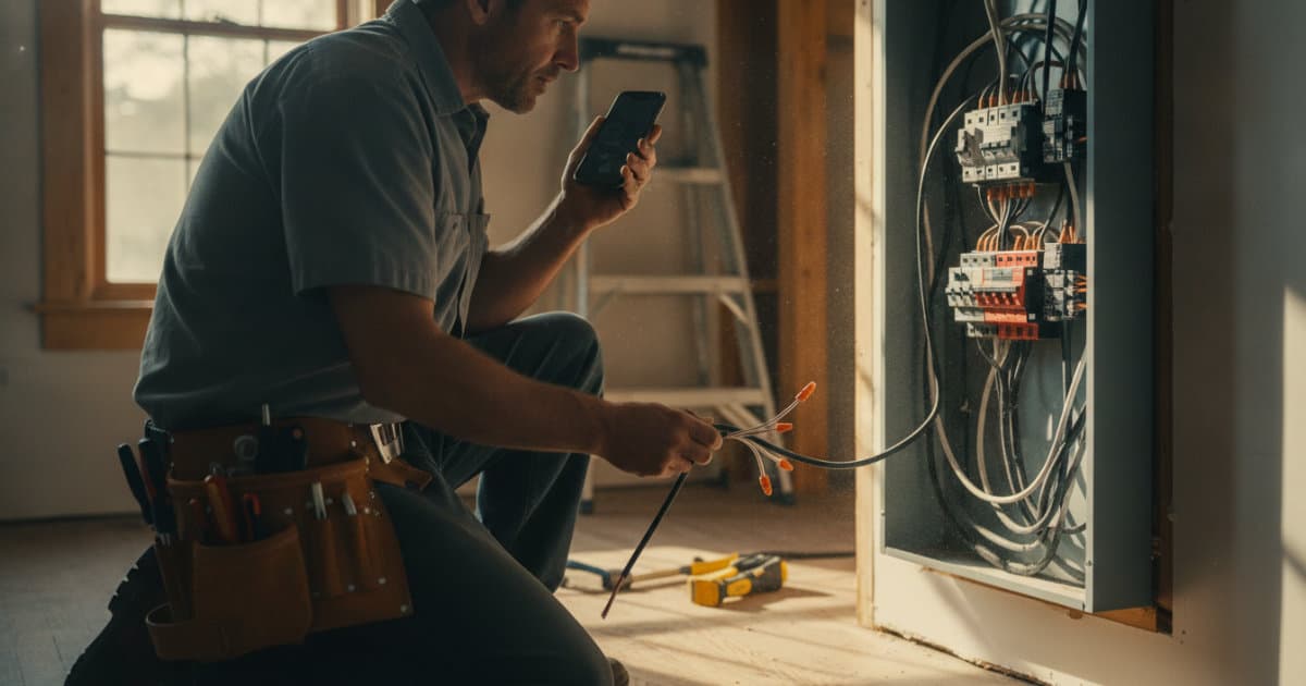 Documentary-style photograph, natural window light, true-to-life colour: an electrician in a plain grey work shirt and worn