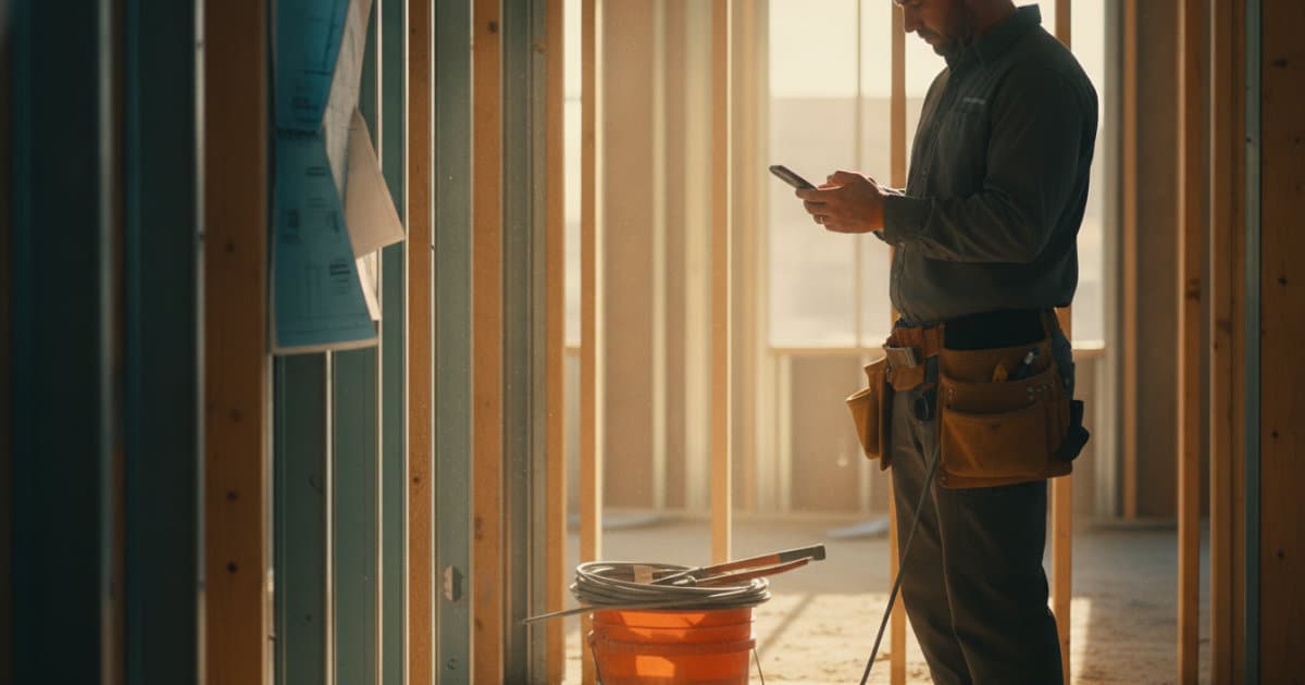 Professional documentary-style photography of an electrical contractor in a dusty commercial rough-in, reviewing costs