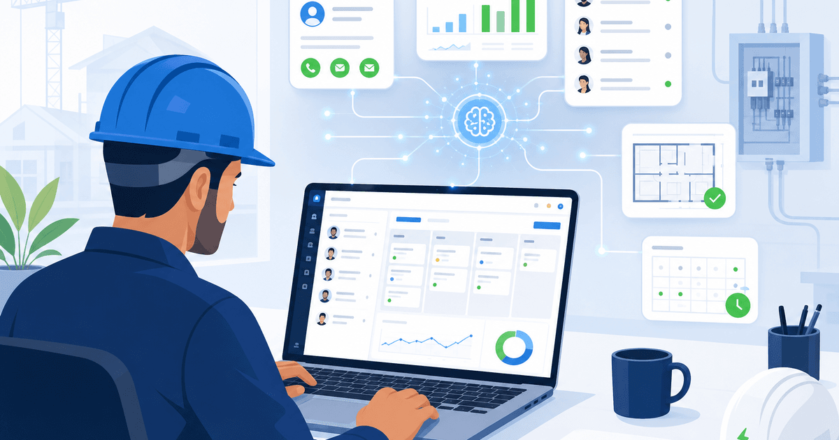 A contractor in a hard hat uses a laptop displaying a CRM dashboard with AI-powered customer contacts, analytics, scheduling, and job planning panels floating around the screen.