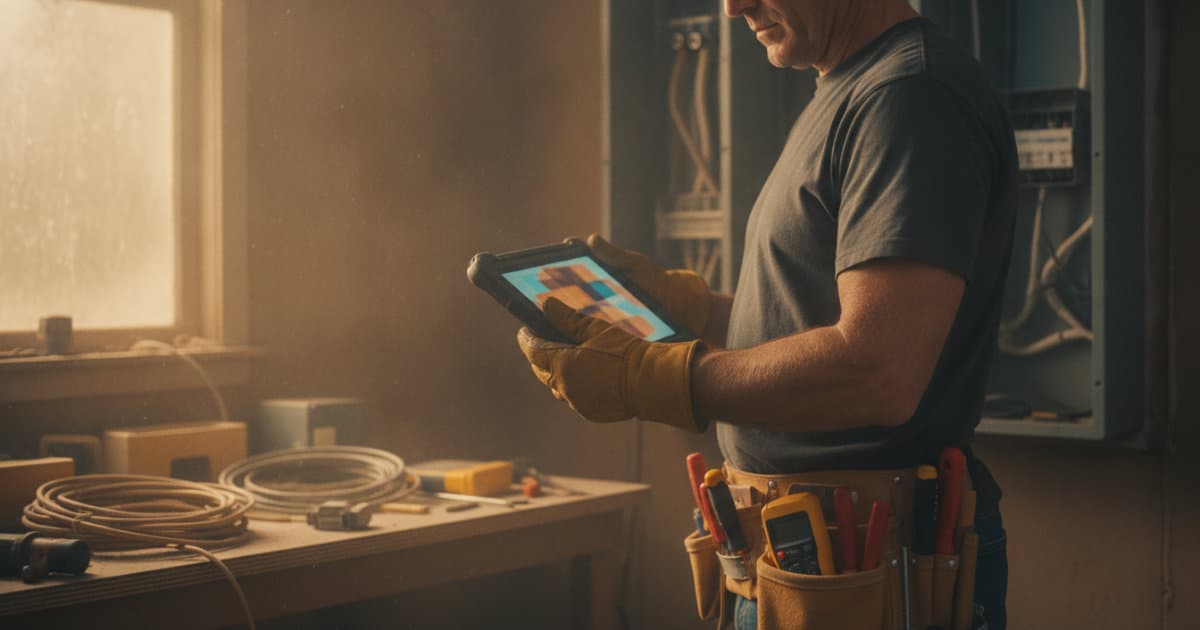 A candid documentary photograph of an electrical contractor in a dusty residential service panel area, natural window light