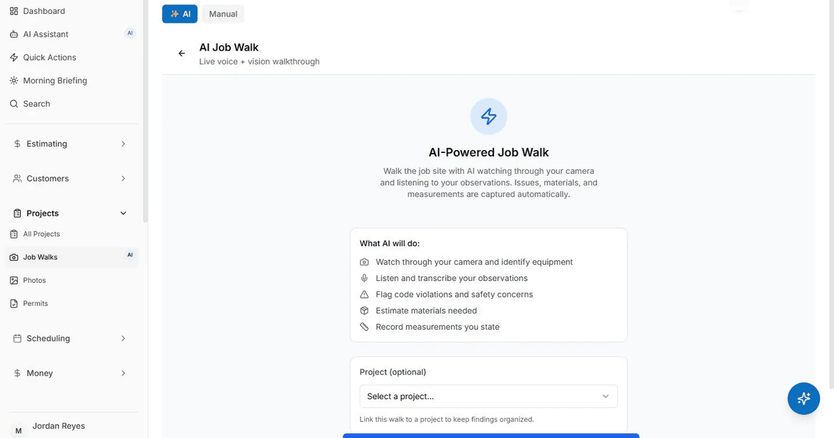 AceWatt AI Job Walk screen with live voice and vision capture of equipment, code concerns, and material estimates