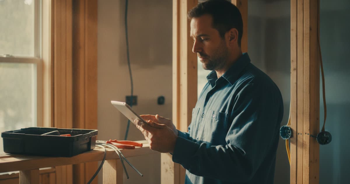 Electrician working in a dusty residential renovation under natural window light