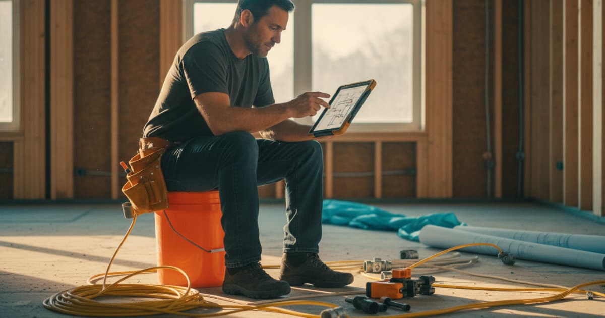 An electrician in a tool belt sits on an upturned bucket inside a job site under construction, tapping out an estimate on a rugged tablet in warm daylight