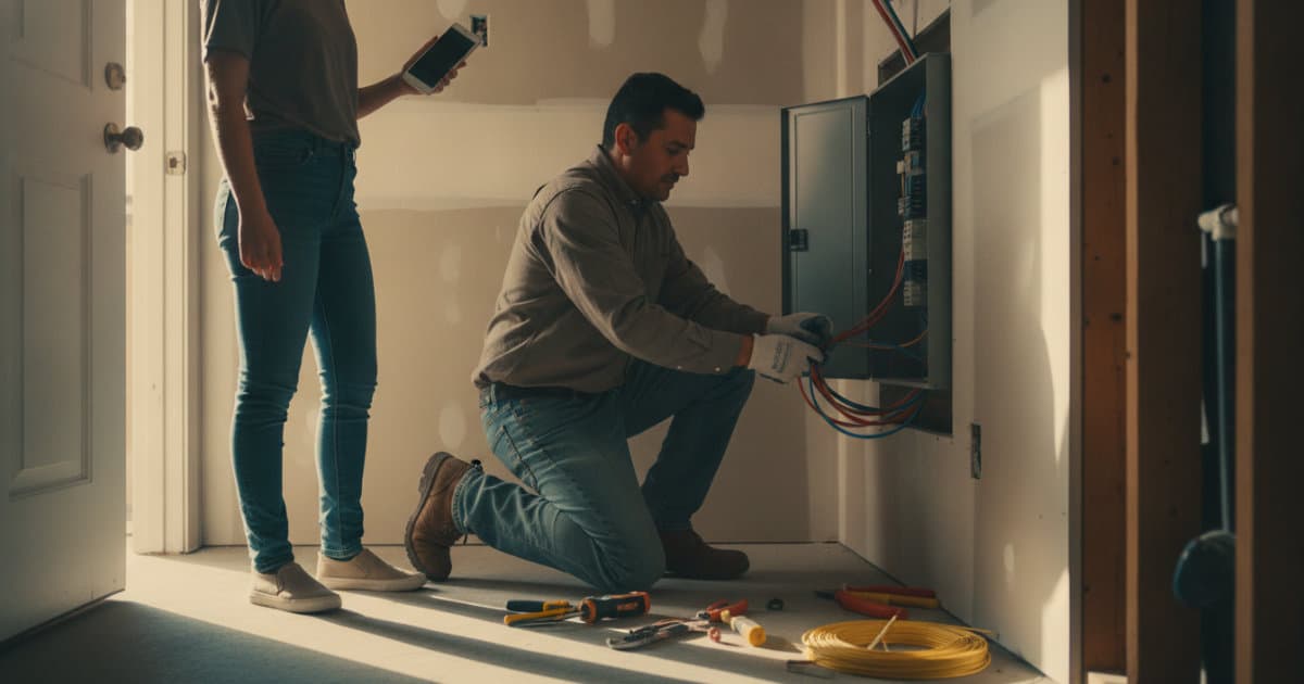 Two electricians in a residential utility room, one kneeling at an open load center pulling THHN wire while the other holds