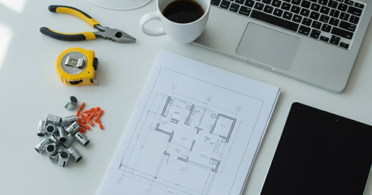 Overhead flat-lay of an electrician's desk with a hard hat, linesman pliers, tape measure, conduit fittings, wire nuts, a floor plan, and a laptop and tablet ready for choosing software