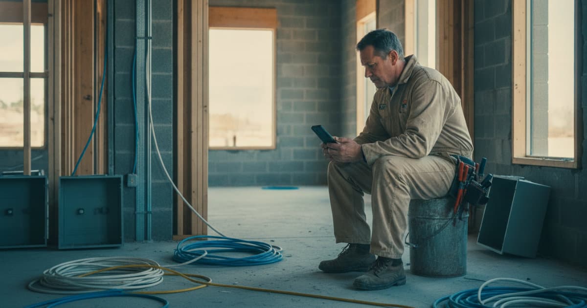 A candid documentary photograph of a working electrician in dusty coveralls sitting on an upturned bucket inside a commercial