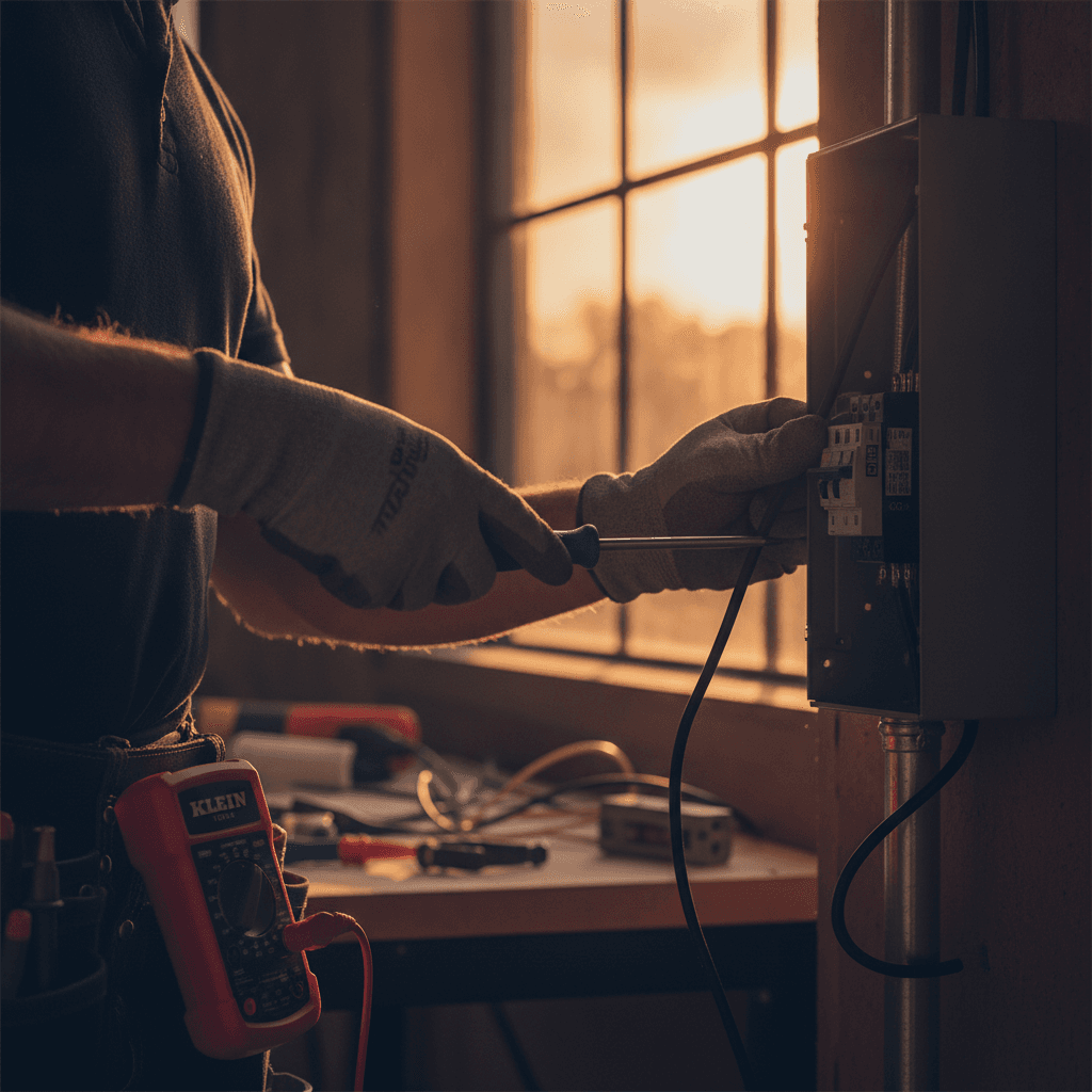 Electrician working on a breaker panel with Klein Tools multimeter — field invoicing context