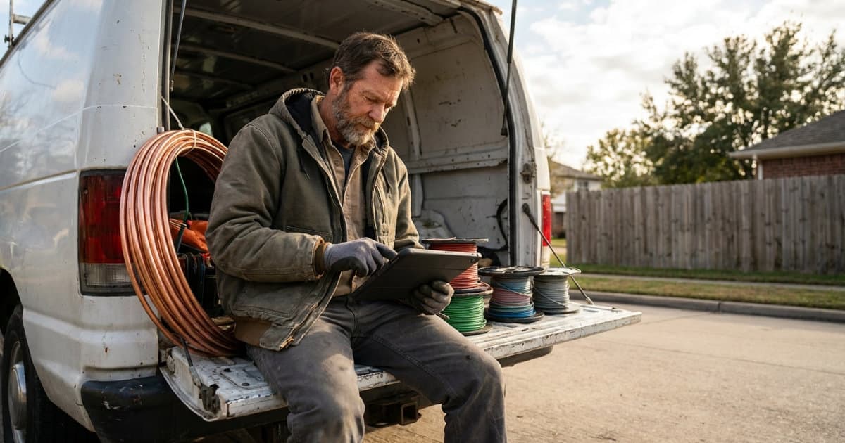 A working electrician in natural daylight, sitting on the tailgate of a service van reviewing a tablet with the screen angled