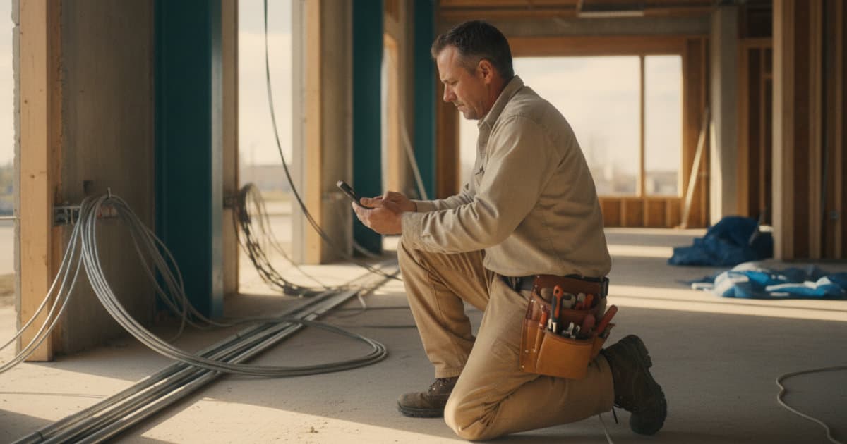 A candid documentary photograph of an electrician in a dusty commercial retrofit site, kneeling beside open conduit runs