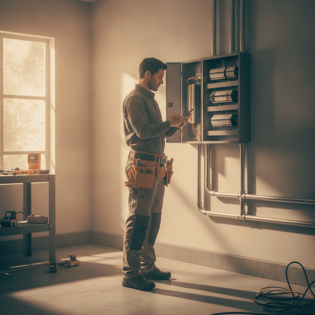 A candid documentary photograph of an electrician in work clothes using a smartphone with its screen angled away, standing beside an open electrical panel with