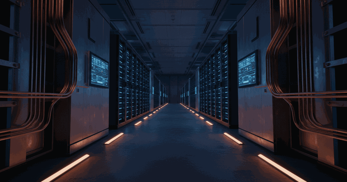 Hero image: illuminated data center server racks and copper switchgear aisles representing the construction boom pulling electrical labor and materials