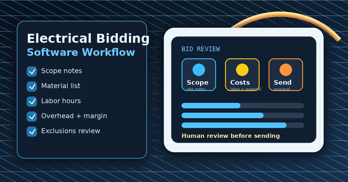 Electrical bid worksheet on a tablet showing scope notes, materials, labor, overhead, margin, exclusions, and reviewed bid status.