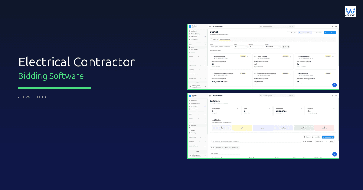 Electrical contractor bidding software comparison showing takeoff tools, CRM-based platforms, and bid lifecycle workflow from estimate to invoice.