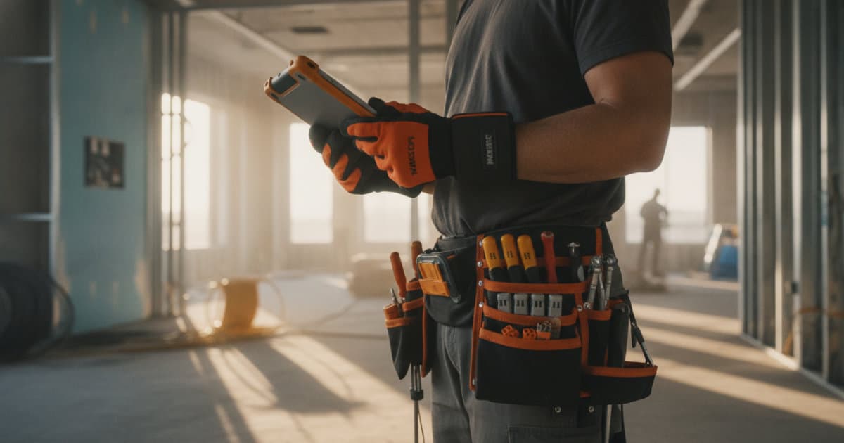 A candid documentary photograph of an electrical contractor in a dusty commercial build-out, wearing arc-flash rated gloves