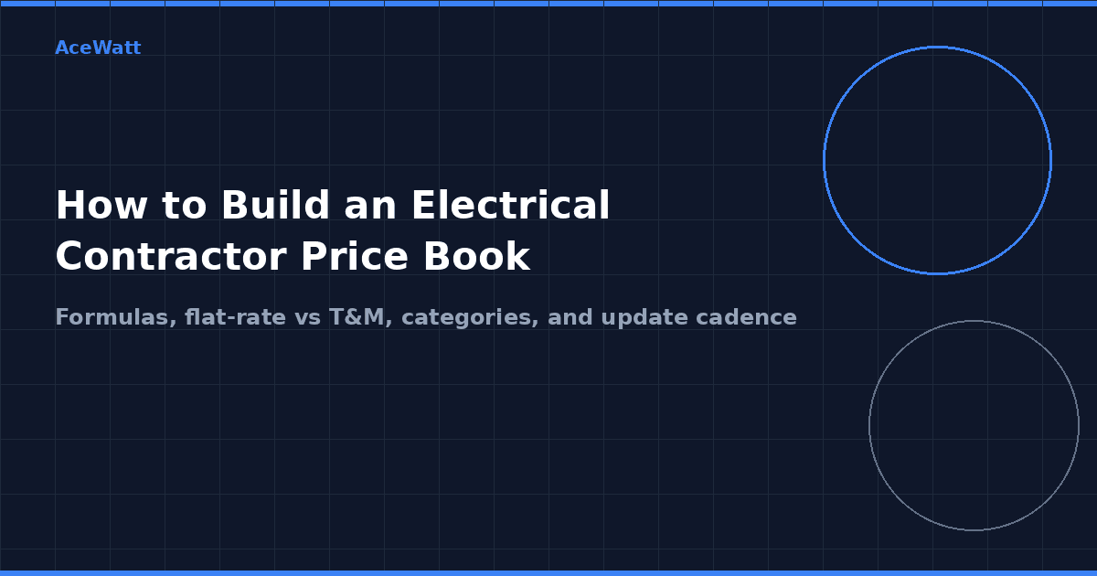 Electrical contractor reviewing a price book with labor rates, material categories, and markup formulas on a tablet.