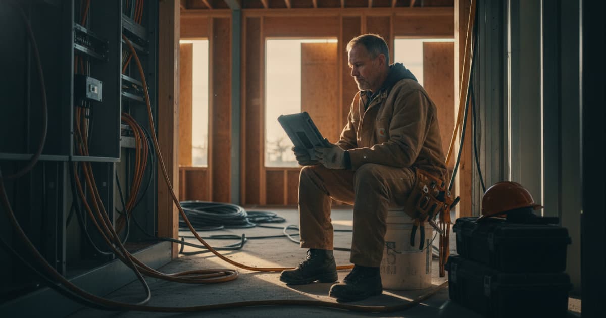 A candid documentary photograph of a master electrician in dusty workwear sitting on an upturned bucket at a commercial