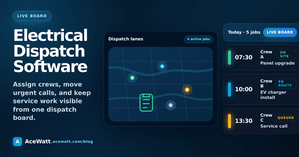 Dark field-operations dispatch board with crew lanes, job cards, dispatch lanes, and work-order status details.