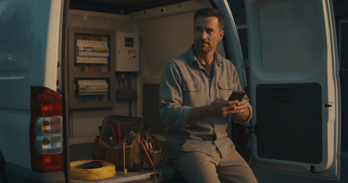 A solo electrician in a slightly worn work shirt sitting on the tailgate of his van in late-afternoon natural light, holding