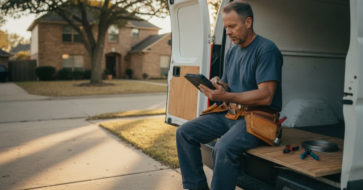 A mid-career electrician in work-worn navy canvas pants and a tool belt, sitting on the tailgate of his white service van
