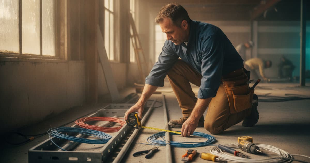 Professional documentary-style photography of an electrician in a dusty commercial renovation site, kneeling beside open