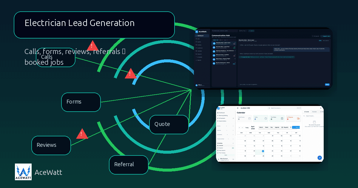 Electrical contractor lead funnel showing calls, forms, reviews, and referrals flowing into a CRM pipeline, schedule, job walk, quote, follow-up, and invoice.
