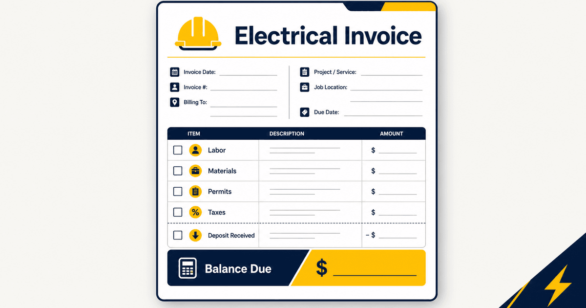 A clean electrical invoice template with line items for labor, materials, permits, and balance due, ready to download and customize.