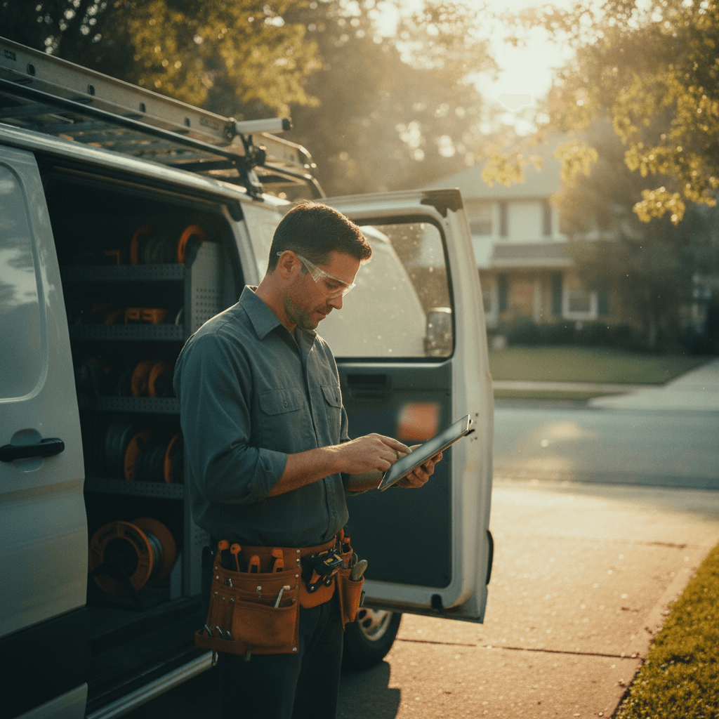 Documentary-style photo of a licensed electrician in a gray work shirt and safety glasses standing beside an open service van at a residential driveway, reviewi