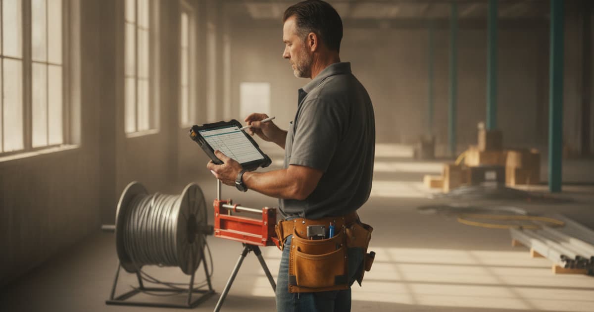 A candid documentary photograph of an electrical contractor in a dusty commercial build-out, natural light streaming