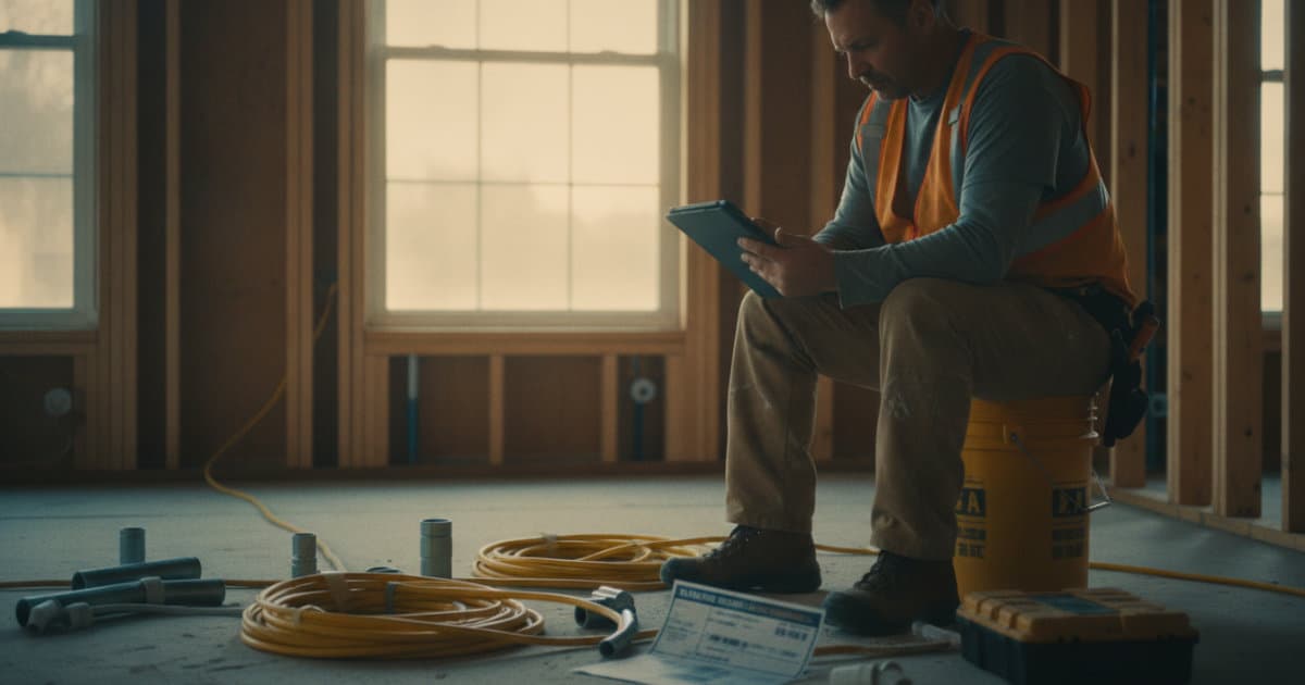 A candid documentary photograph of an electrician in dusty work clothes sitting on a bucket at a rough-in residential job
