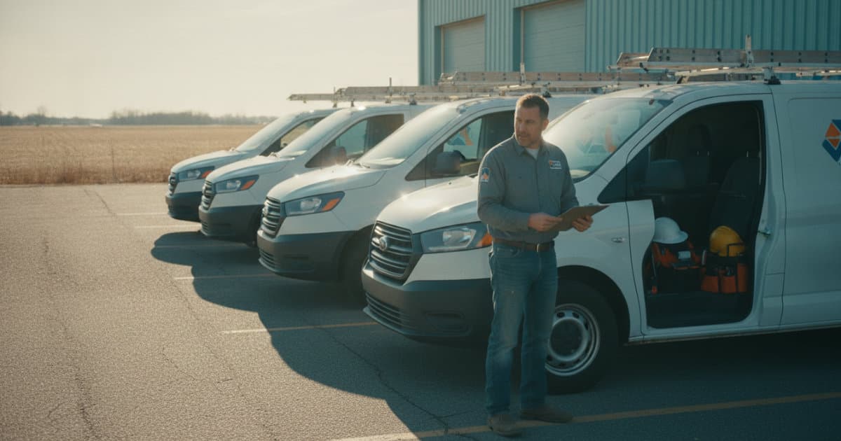Professional documentary-style photography showing a candid electrical contractor standing beside a row of identical white