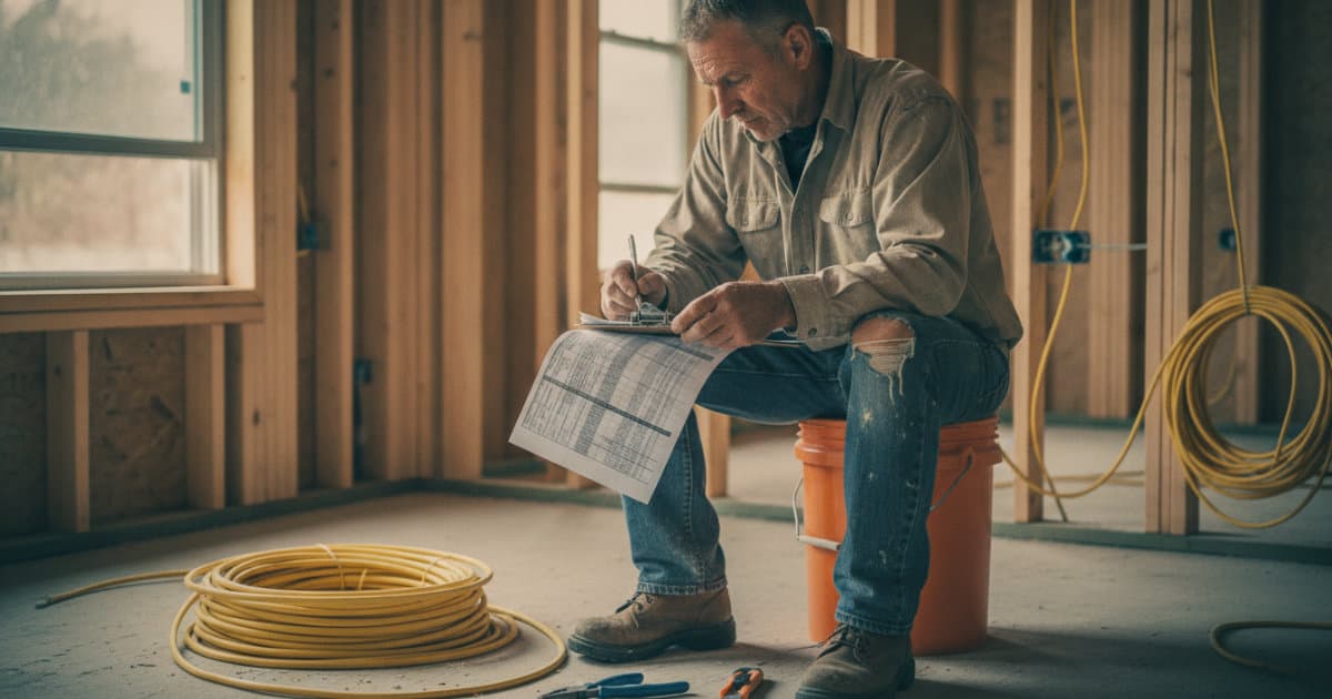 Professional documentary-style photography showing a candid electrical contractor in worn work clothes sitting
