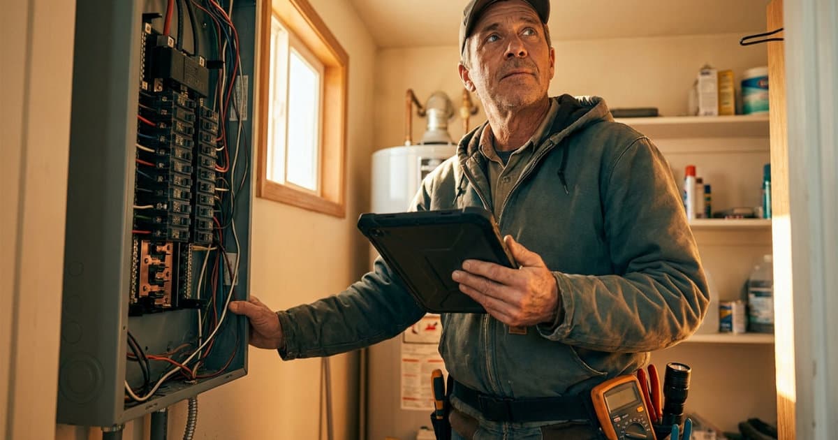 A licensed electrician in a residential utility room, natural light falling across an open breaker panel with exposed bus