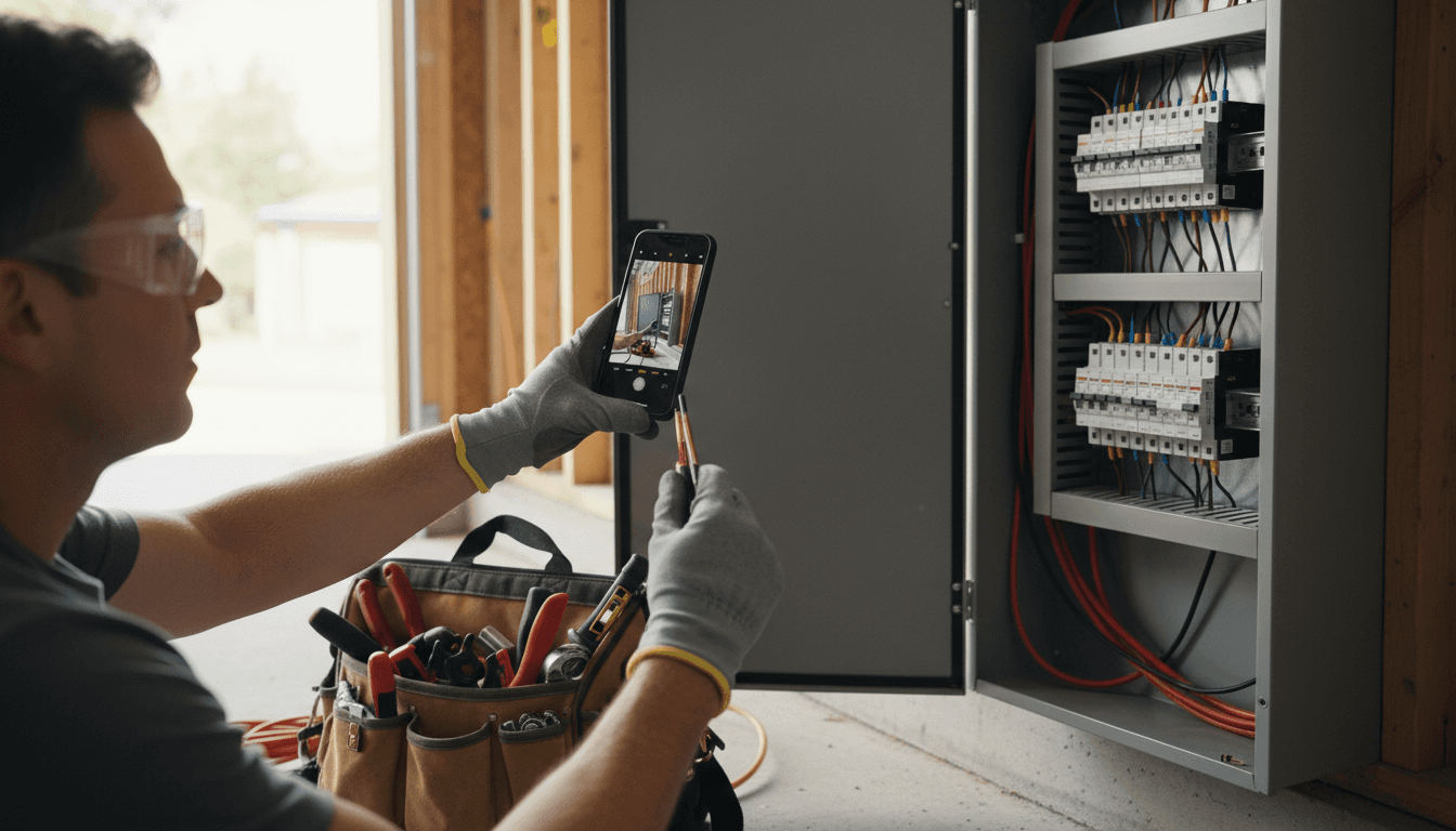 Electrician holding a smartphone to photograph an open electrical service panel on a residential job