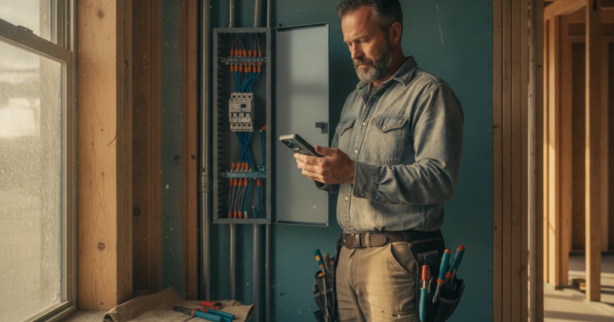 Professional documentary-style photography of a candid electrician in worn work clothes holding a smartphone angled away
