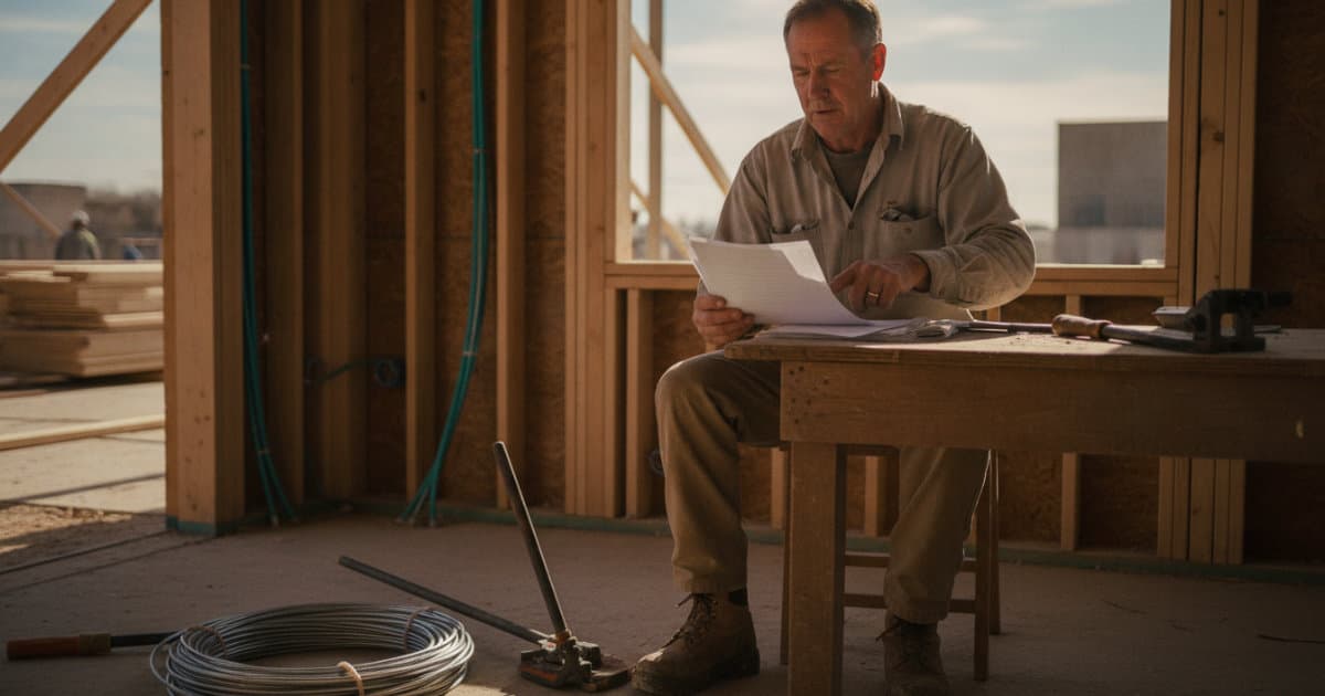 Professional documentary-style photography of a seasoned electrical contractor in worn work boots reviewing printed