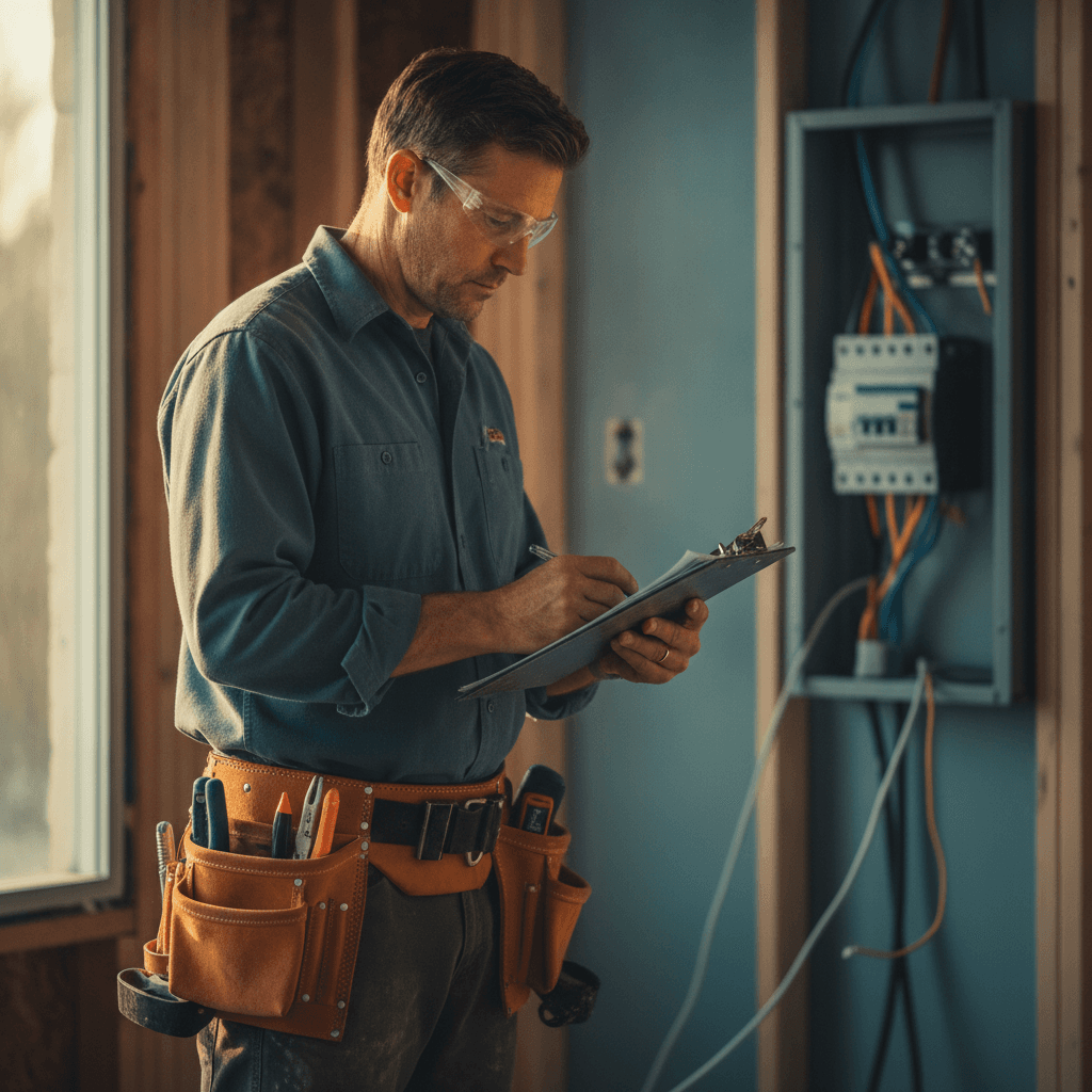 Documentary-style photograph of an electrical contractor reviewing a printed contract checklist on a clipboard at a residential panel upgrade site, wearing a to