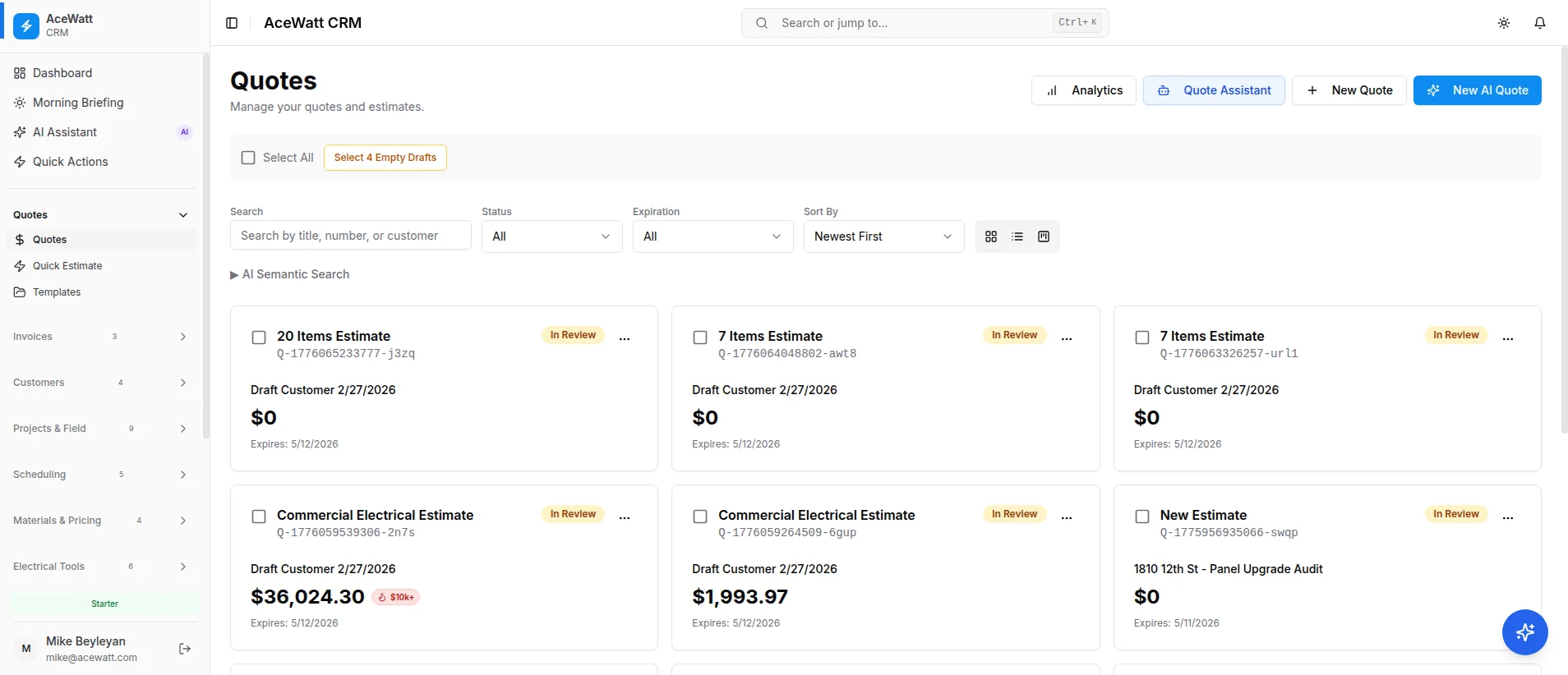 AceWatt quotes screen showing estimates generated from job walk context