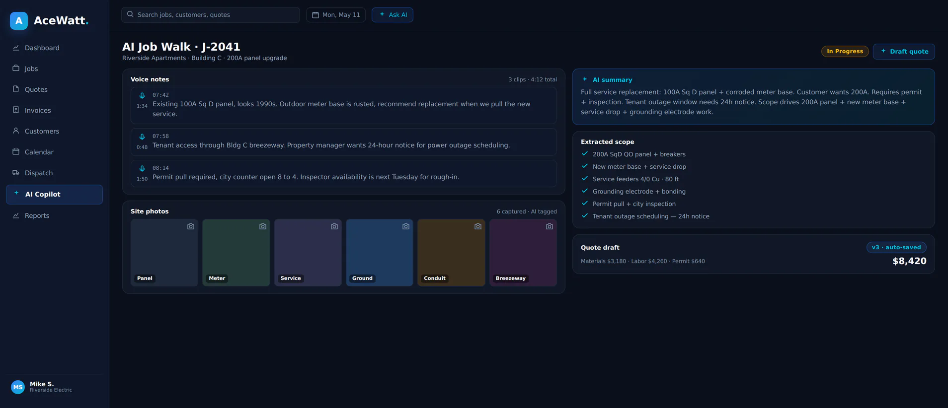 AceWatt AI job walk screen for capturing electrical field notes and quote context