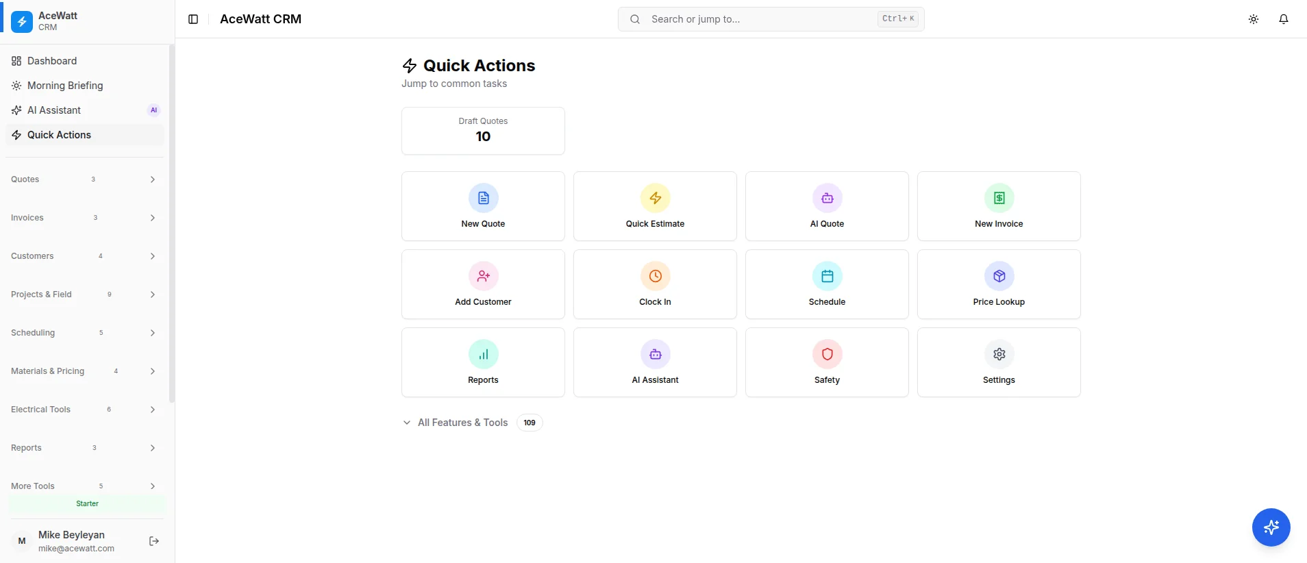 AceWatt mobile quick actions for capturing notes, photos, and follow-up from the field