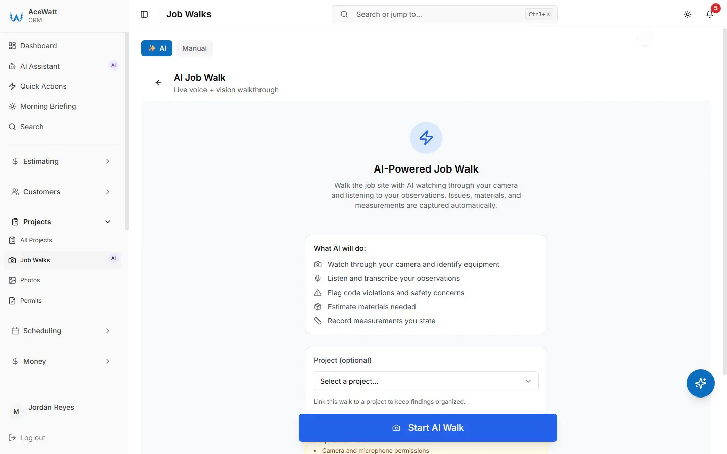 AceWatt AI Job Walk start screen: walk the site with your camera and voice while AI notes equipment, materials, measurements, and safety concerns, optionally linked to a project