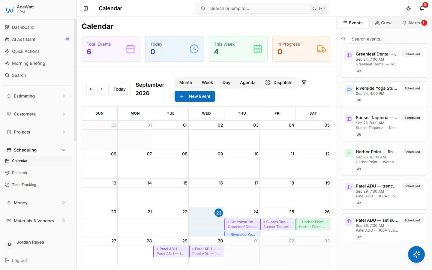 AceWatt calendar for September 2026 with scheduled electrical jobs on the month view and a list of upcoming events