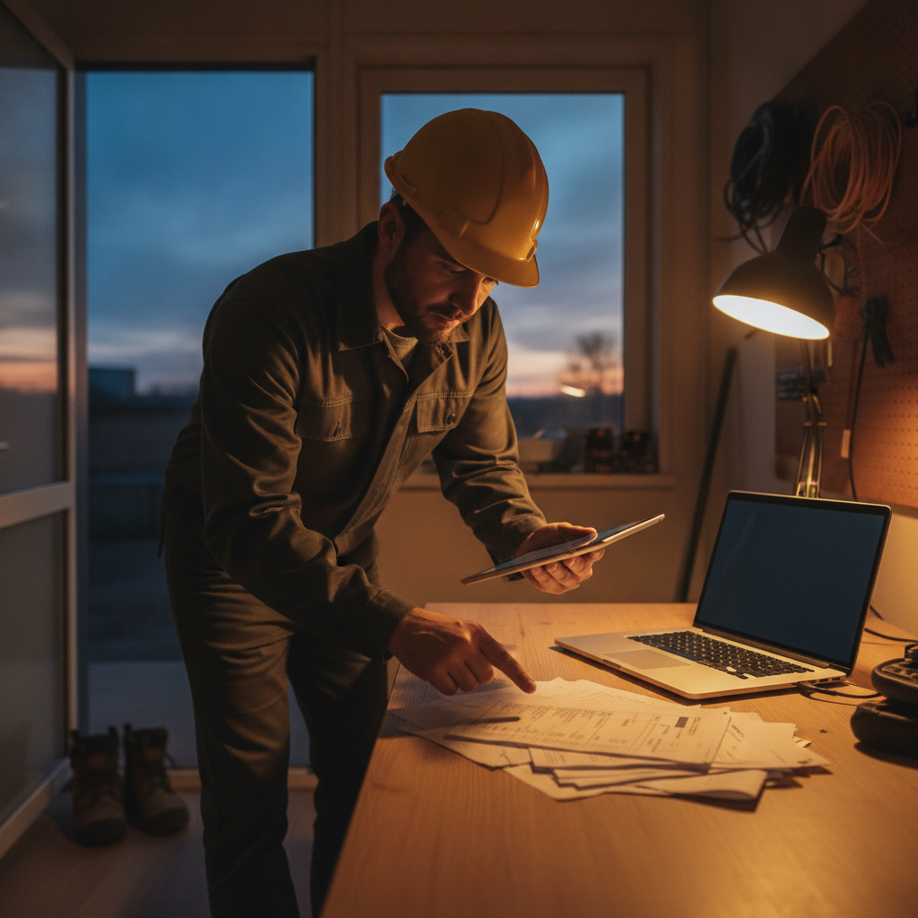 Field technician reviewing a time and material ticket on a tablet before leaving the job site