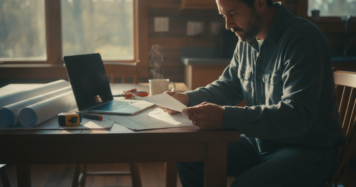 Contractor reviewing quote-to-invoice paperwork with blueprints and a laptop at a wooden table