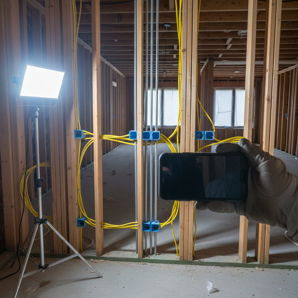 Open wall cavity showing new electrical rough-in wiring with Romex cable and conduit runs feeding boxes, photographed before drywall goes up