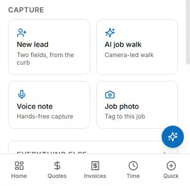 AceWatt mobile capture screen with new lead, AI job walk, voice note, and job photo shortcuts for field technicians