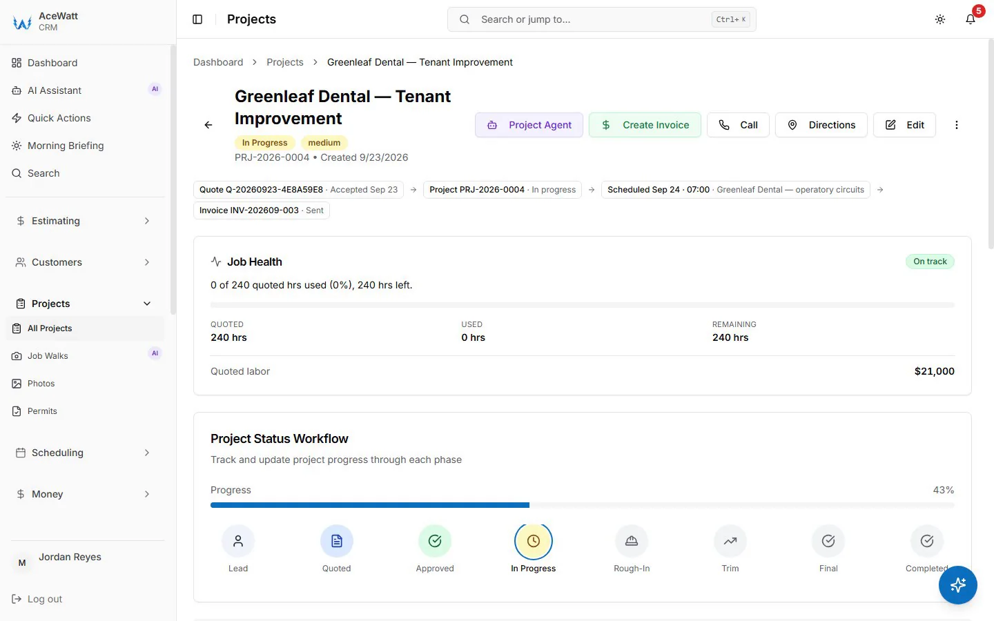 AceWatt project detail view tracking quoted labor hours, hours used, remaining budget, and progress stages for one job