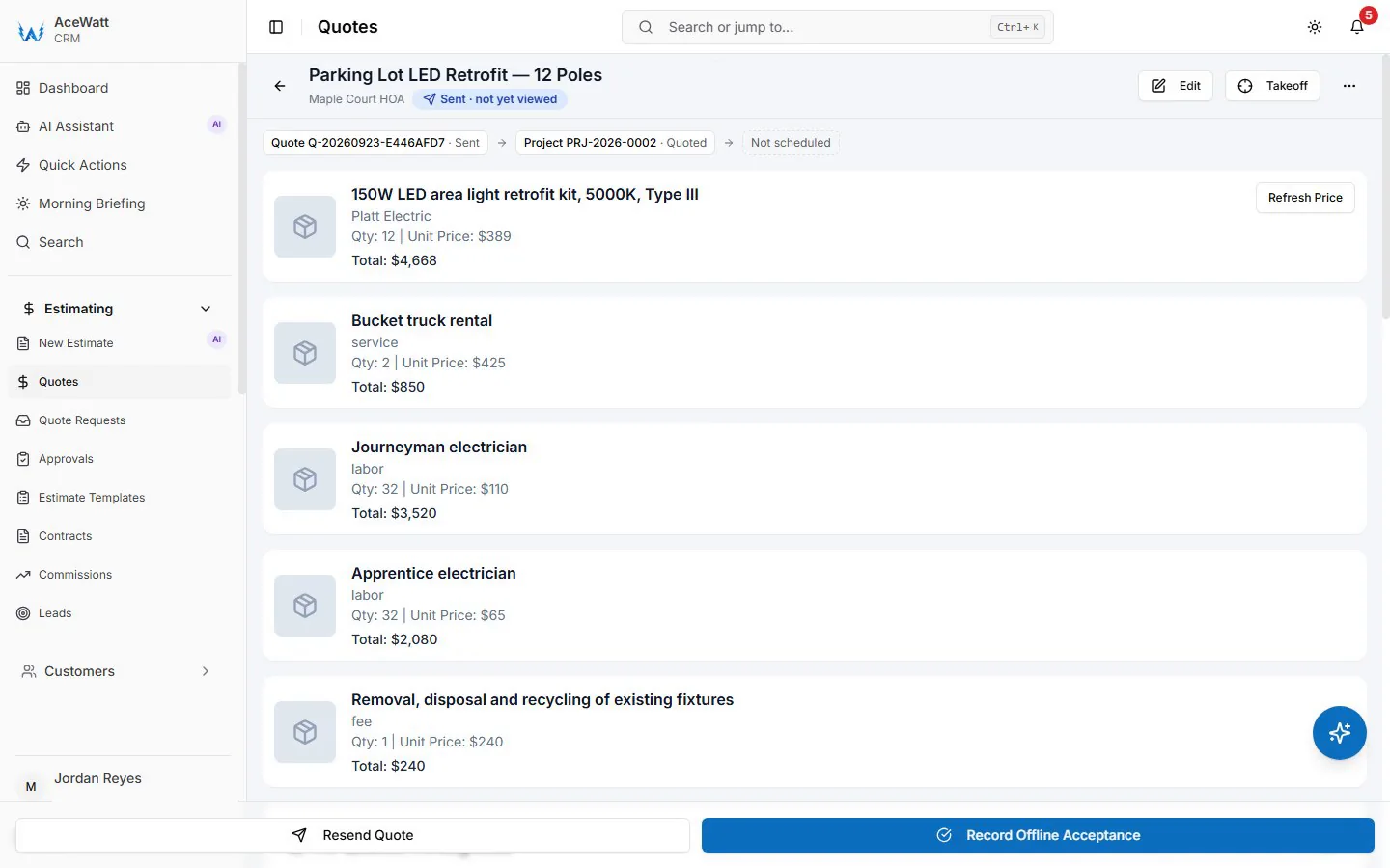 Estimate builder screen with an electrical quote listing material, labor, and equipment line items with quantities and pricing